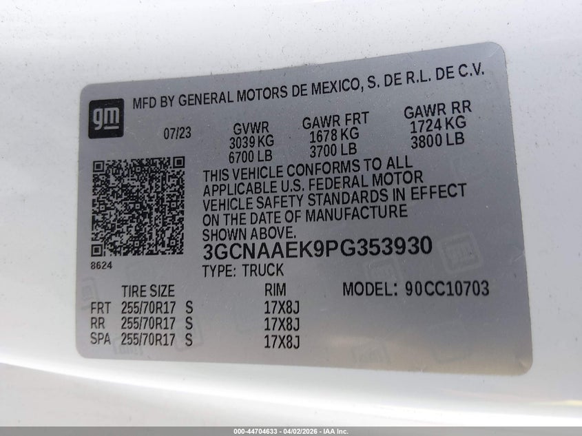 2023 CHEVROLET SILVERADO 1500 2.7L I-4 DI, DOHC, V(VIN: 3GCNAAEK9PG353930