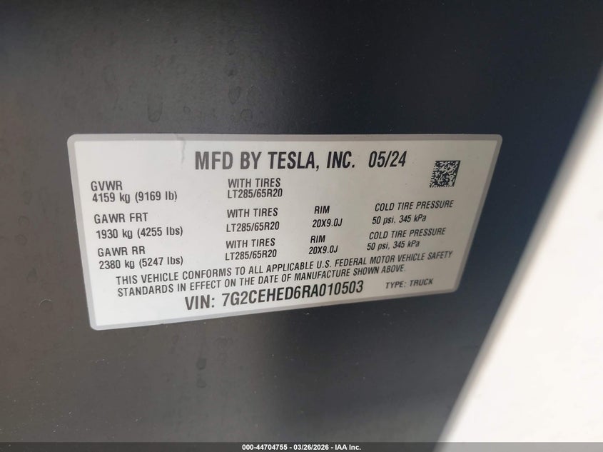 2024 Tesla Cybertruck All-Wheel Drive VIN: 7G2CEHED6RA010503 Lot: 44704755