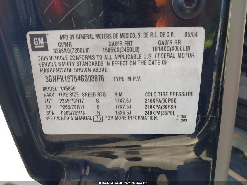 2004 Chevrolet Suburban 1500 Z71 VIN: 3GNFK16T54G303876 Lot: 44704864