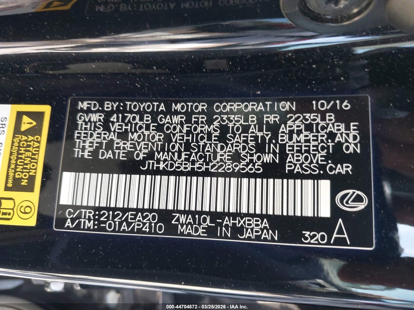 2017 Lexus Ct Ct 200H F Sport VIN: JTHKD5BH5H2289565 Lot: 44704872