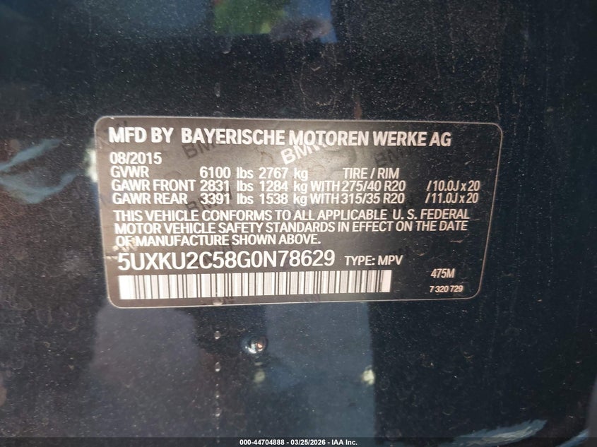 2016 BMW X6 xDrive35I VIN: 5UXKU2C58G0N78629 Lot: 44704888