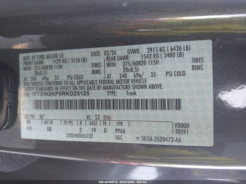 2024 FORD F-150 2.7L V-6 DI, DOHC, V(VIN: 1FTEW2KP5RKD25125
