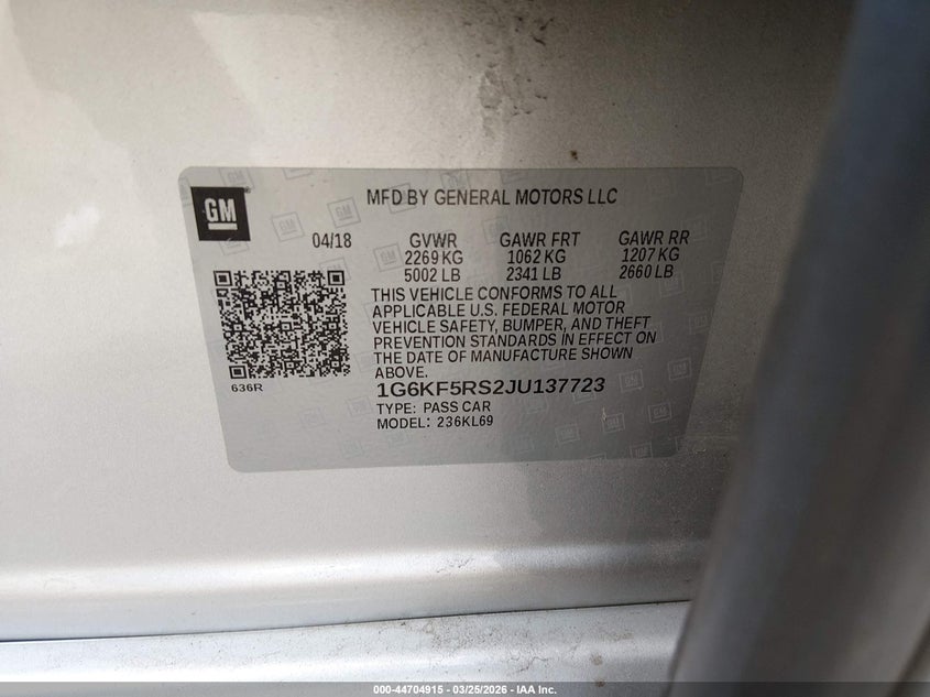 2018 Cadillac Ct6 Premium Luxury VIN: 1G6KF5RS2JU137723 Lot: 44704915