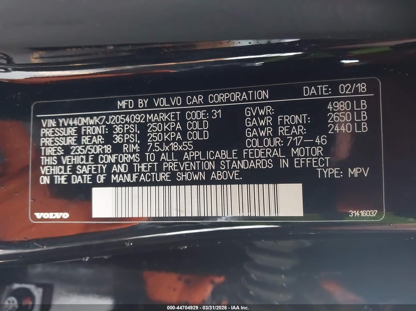 2018 Volvo V60 Cross Country T5 VIN: YV440MWK7J2054092 Lot: 44704929