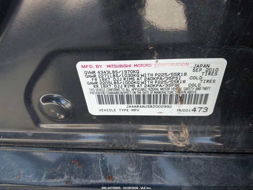 2011 Mitsubishi Outlander Sport Se VIN: JA4AR4AU5BZ000992 Lot: 44705005