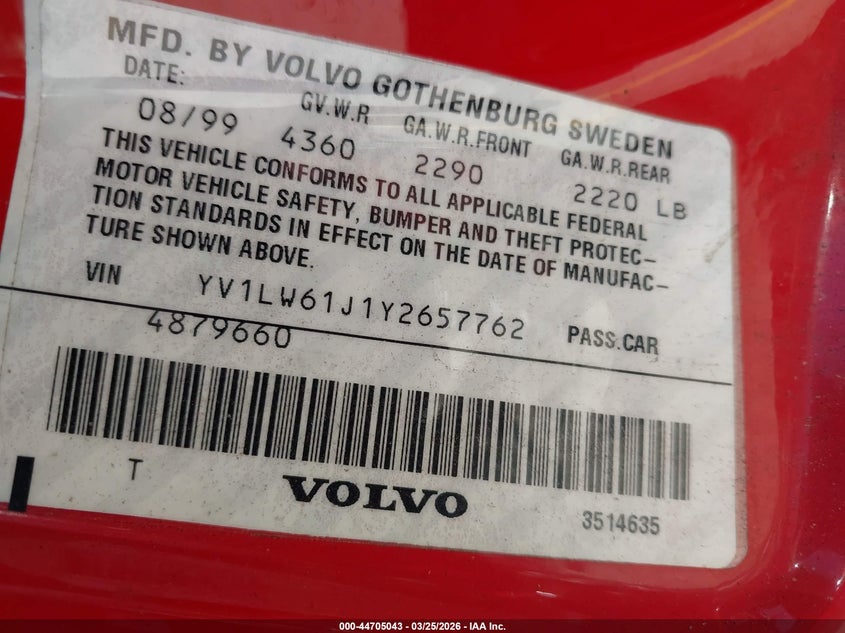 2000 Volvo V70 Se VIN: YV1LW61J1Y2657762 Lot: 44705043