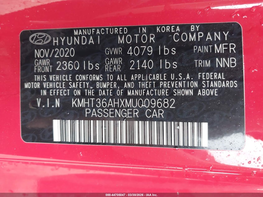 2021 Hyundai Veloster N VIN: KMHT36AHXMU009682 Lot: 44705047