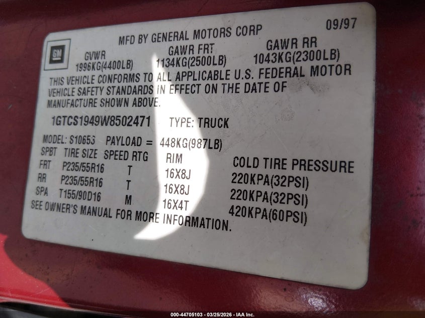 1998 GMC Sonoma Sls VIN: 1GTCS1949W8502471 Lot: 44705103