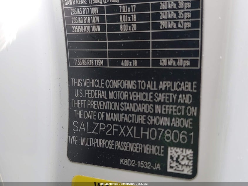 2020 Land Rover Range Rover Evoque Se VIN: SALZP2FXXLH078061 Lot: 44705180