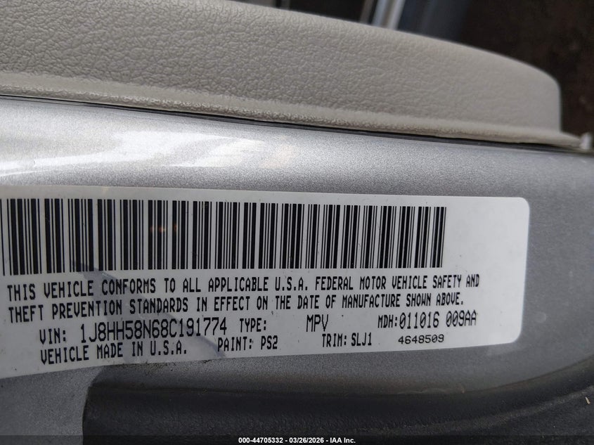 2008 Jeep Commander Limited VIN: 1J8HH58N68C191774 Lot: 44705332