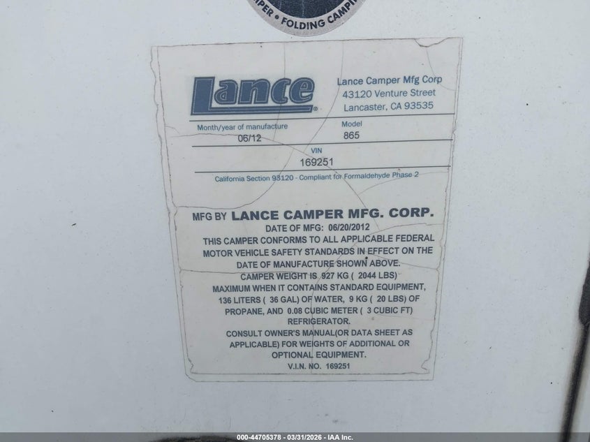 2013 Lance 865 Truck Camper VIN: 169251 Lot: 44705378