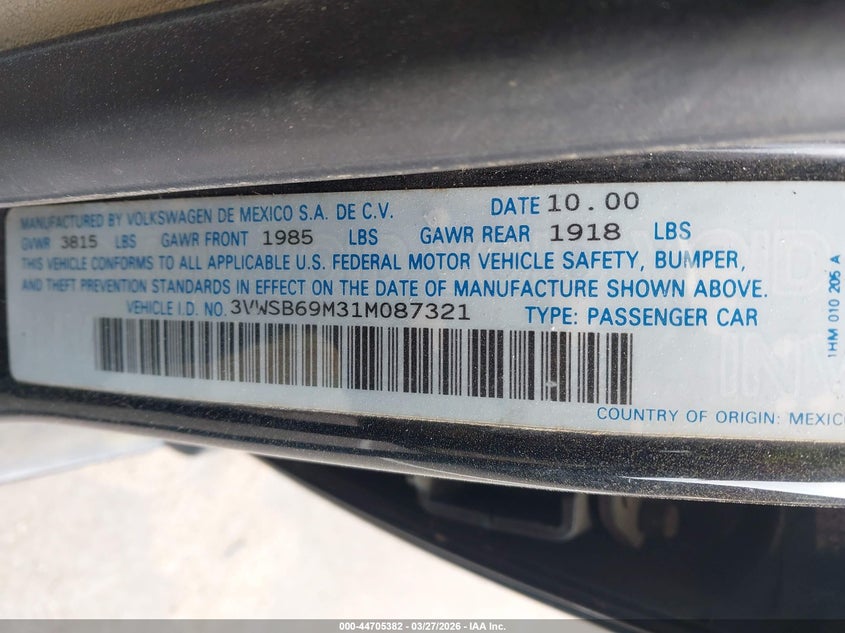 2001 Volkswagen Jetta Gls VIN: 3VWSB69M31M087321 Lot: 44705382