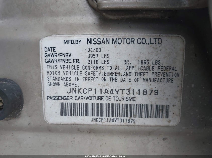 2000 Infiniti G20 Luxury/Touring VIN: JNKCP11A4YT311879 Lot: 44705384