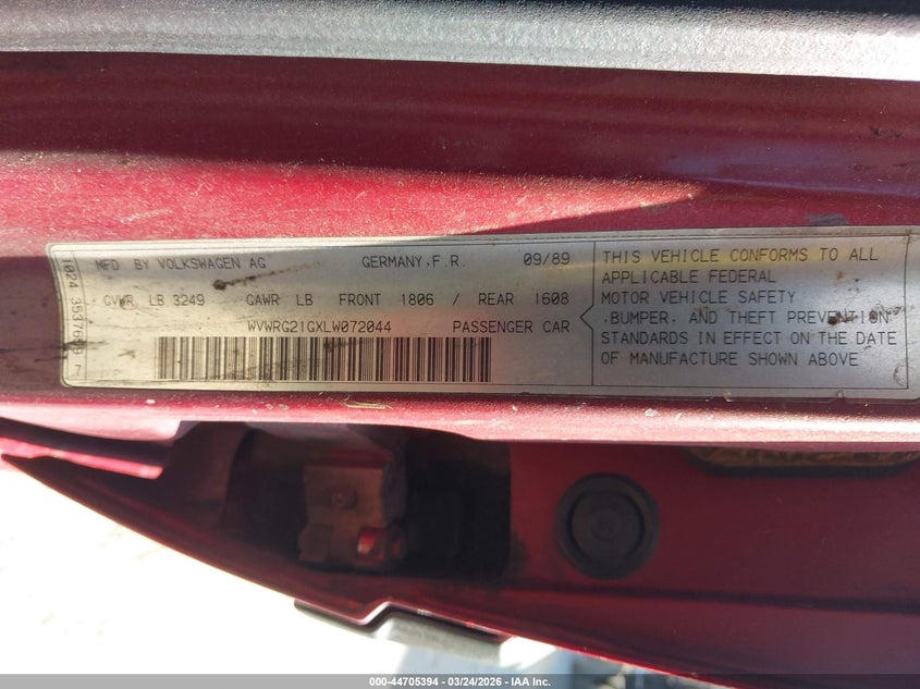 1990 Volkswagen Jetta Gl VIN: WVWRG21GXLW072044 Lot: 44705394