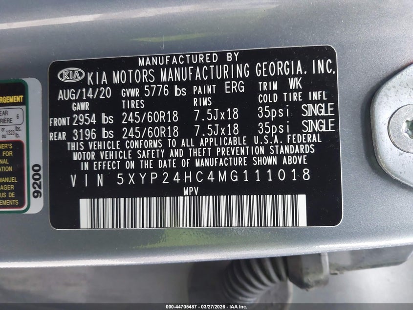 2021 KIA TELLURIDE 3.8L V-6 DI, DOHC, V(VIN: 5XYP24HC4MG111018