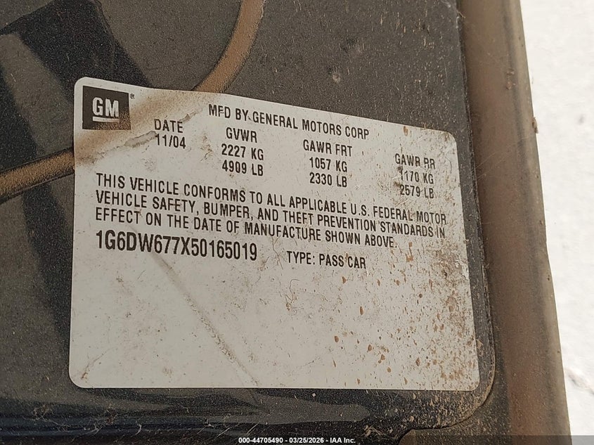 2005 Cadillac Sts V6 VIN: 1G6DW677X50165019 Lot: 44705490