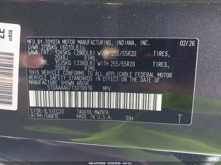 2026 Lexus Tx 350 VIN: 5TDAAAA67TS019916 Lot: 44705565