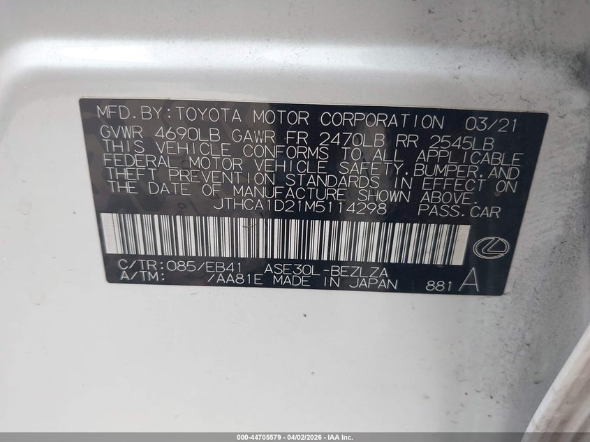 2021 Lexus Is 300 VIN: JTHCA1D21M5114298 Lot: 44705579