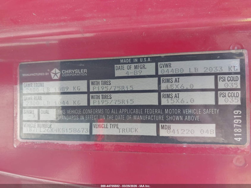 1989 Dodge Dakota VIN: 1B7FL26X4KS158673 Lot: 44705582