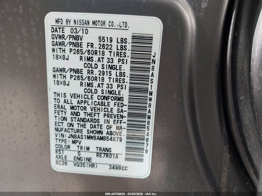 2010 Infiniti Fx35 VIN: JN8AS1MW8AM854879 Lot: 44705630