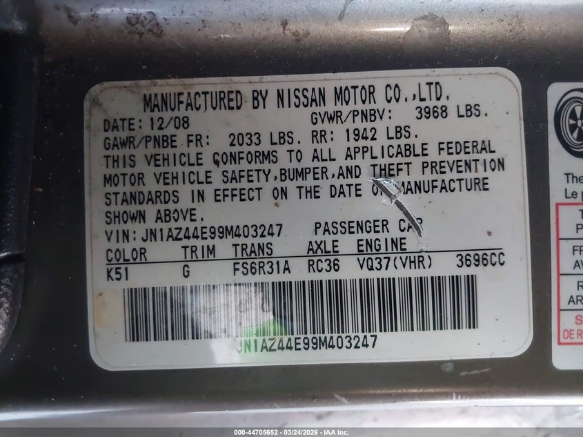 2009 Nissan 370Z VIN: JN1AZ44E99M403247 Lot: 44705652