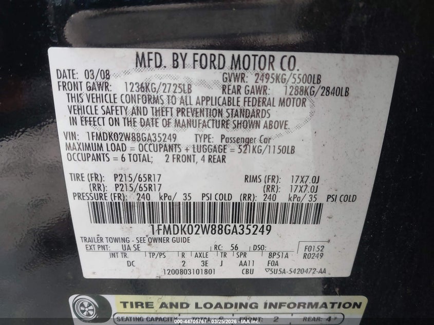 2008 Ford Taurus X Sel VIN: 1FMDK02W88GA35249 Lot: 44705767