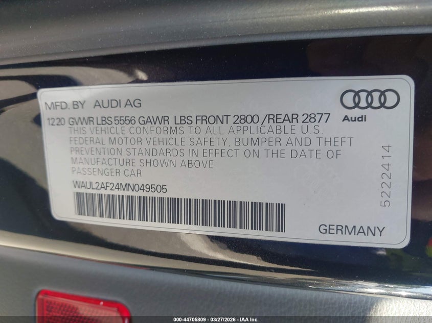2021 Audi A6 Premium Plus 55 Tfsi Quattro S Tronic VIN: WAUL2AF24MN049505 Lot: 44705809