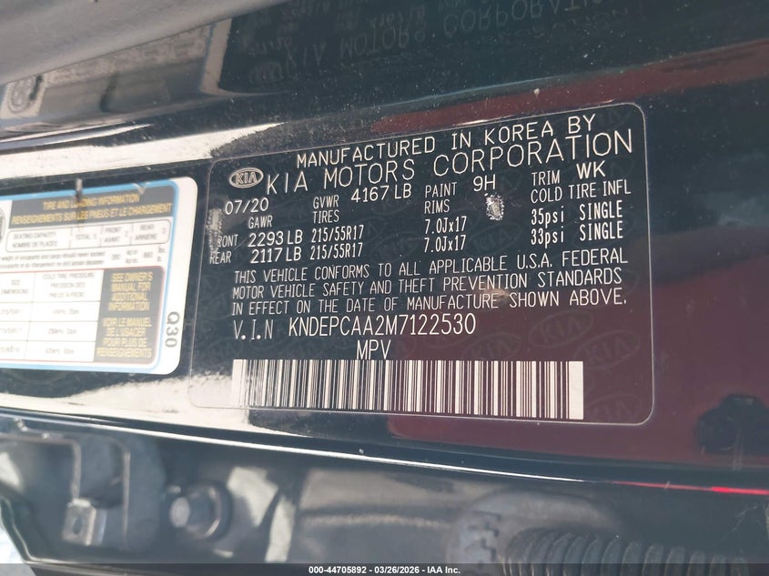 2021 KIA SELTOS 2.0L I-4 DOHC, VVT, (VIN: KNDEPCAA2M7122530