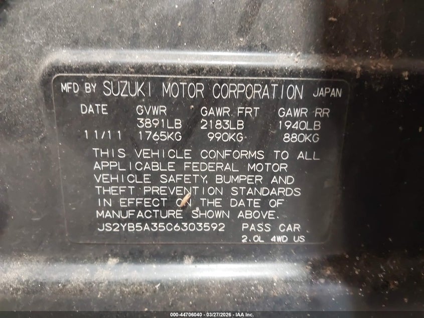2012 Suzuki Sx4 Premium/Tech Valu Pkg (Nav) VIN: JS2YB5A35C6303592 Lot: 44706040