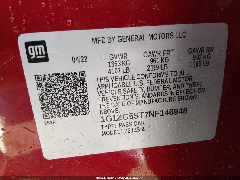 VIN 1G1ZG5ST7NF146948 2022 CHEVROLET MALIBU FWD RS