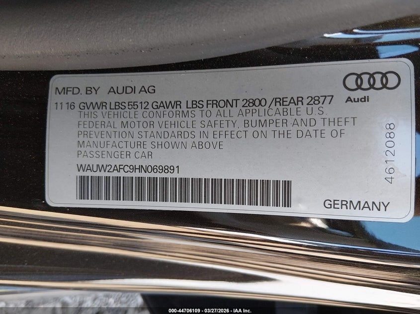 2017 Audi A7 3.0T Premium Plus VIN: WAUW2AFC9HN069891 Lot: 44706109