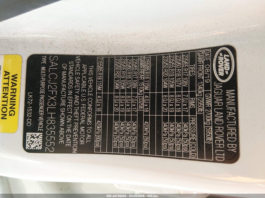 2020 Land Rover Discovery Sport S VIN: SALCJ2FX3LH835552 Lot: 44706200