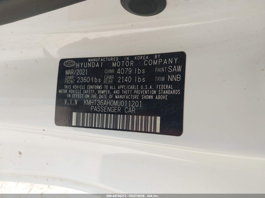 2021 Hyundai Veloster N VIN: KMHT36AH0MU011201 Lot: 44706212