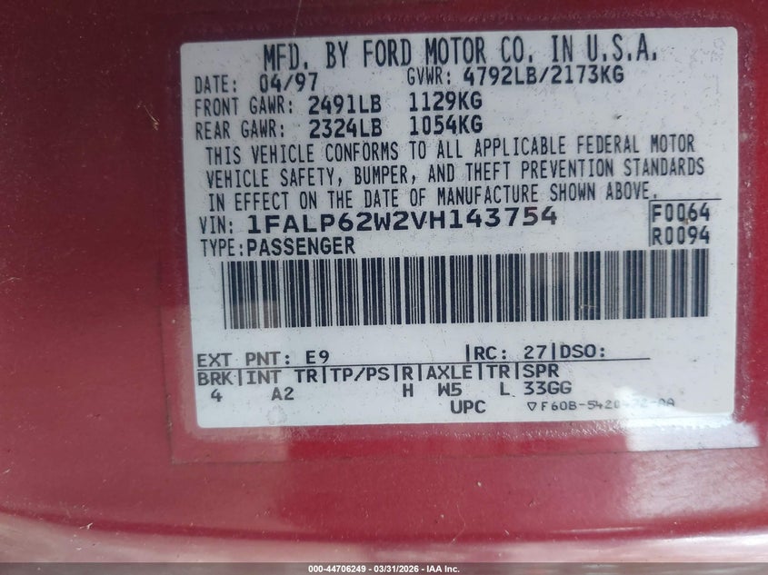 1997 Ford Thunderbird Lx VIN: 1FALP62W2VH143754 Lot: 44706249