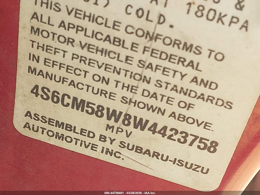 1998 Honda Passport Ex/Lx VIN: 4S6CM58W8W4423758 Lot: 44706401