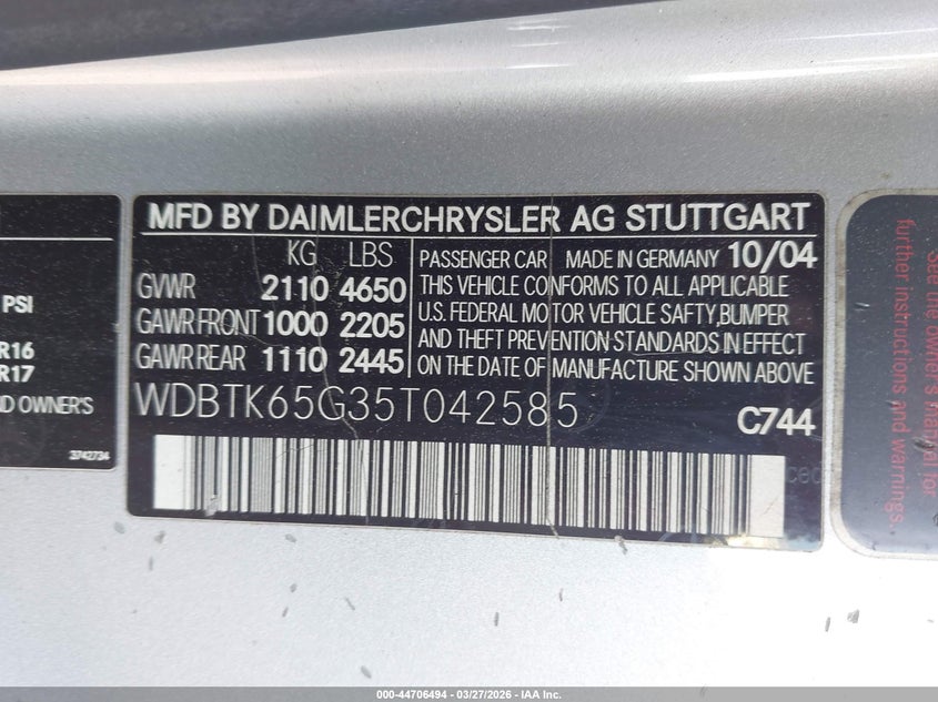 2005 Mercedes-Benz Clk 320 VIN: WDBTK65G35T042585 Lot: 44706494