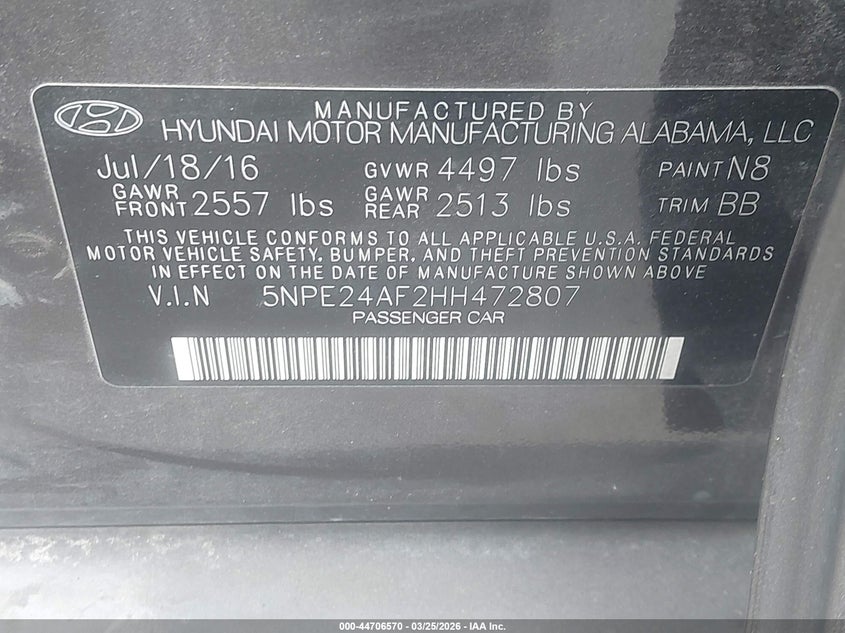VIN 5NPE24AF2HH472807 2017 HYUNDAI SONATA SE