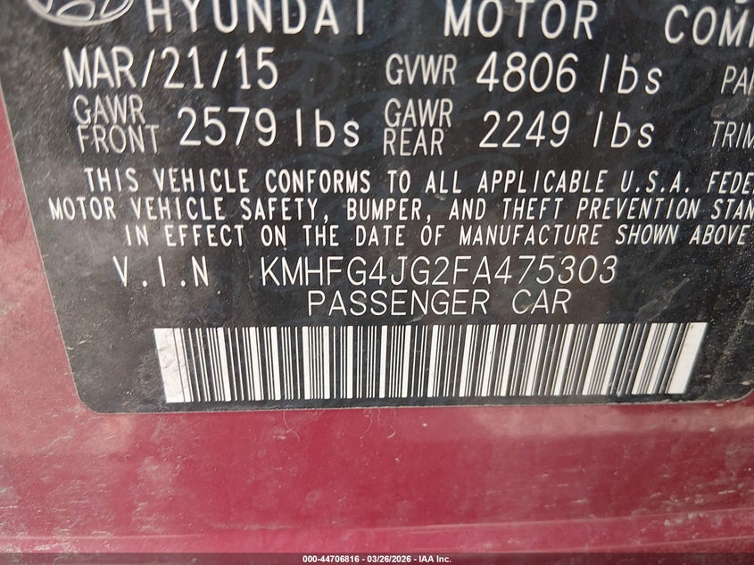 2015 Hyundai Azera VIN: KMHFG4JG2FA475303 Lot: 44706816