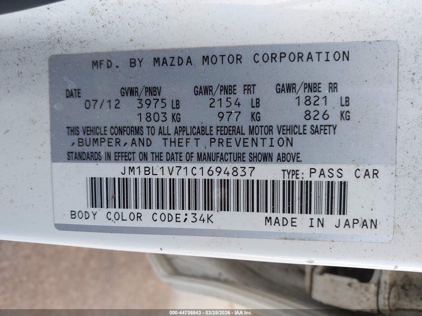 2012 Mazda 3 2.0 I Touring white Lot 111044706843 Vin JM1BL1V71C1694837