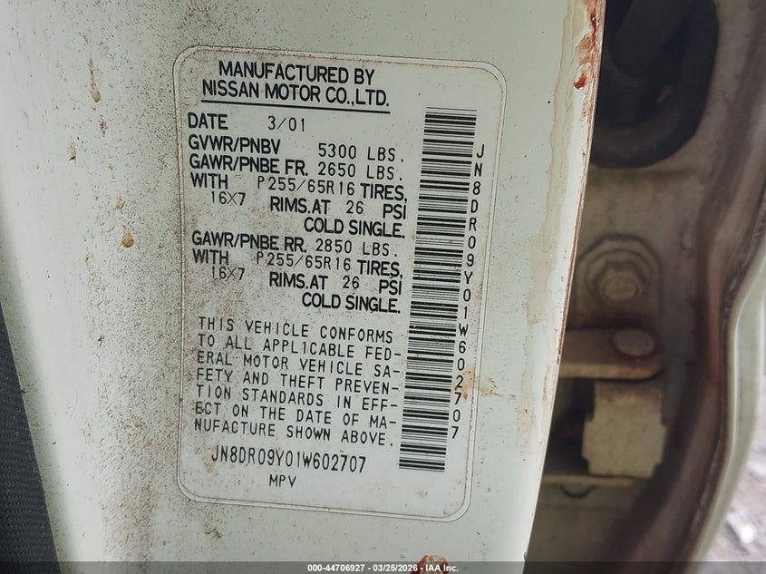2001 Nissan Pathfinder Le VIN: JN8DR09Y01W602707 Lot: 44706927