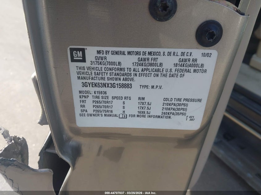 2003 Cadillac Escalade Ext Standard VIN: 3GYEK63NX3G158883 Lot: 44707037