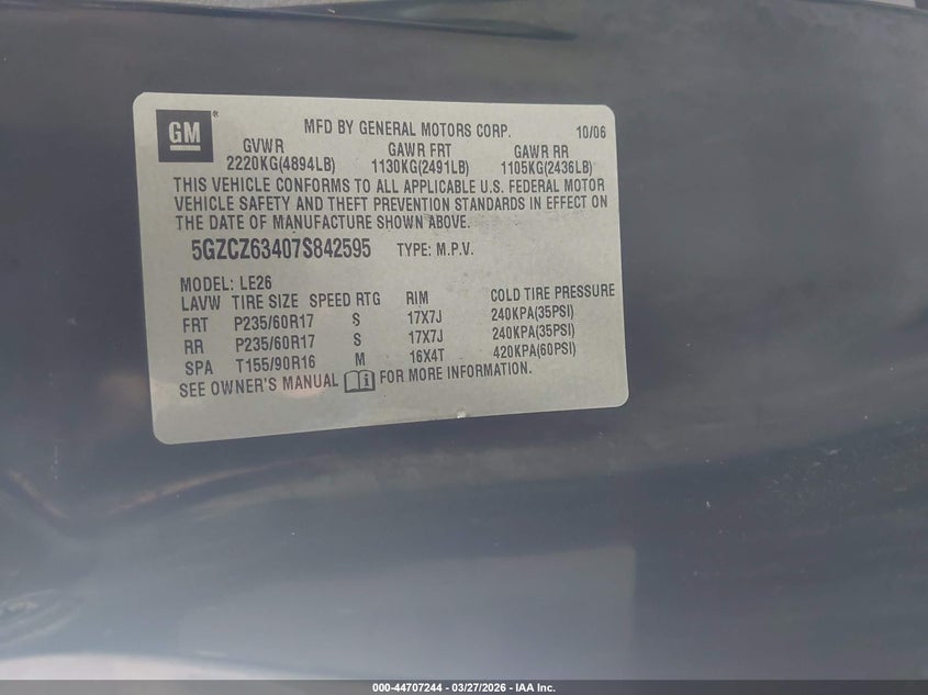 2007 Saturn Vue V6 VIN: 5GZCZ63407S842595 Lot: 44707244