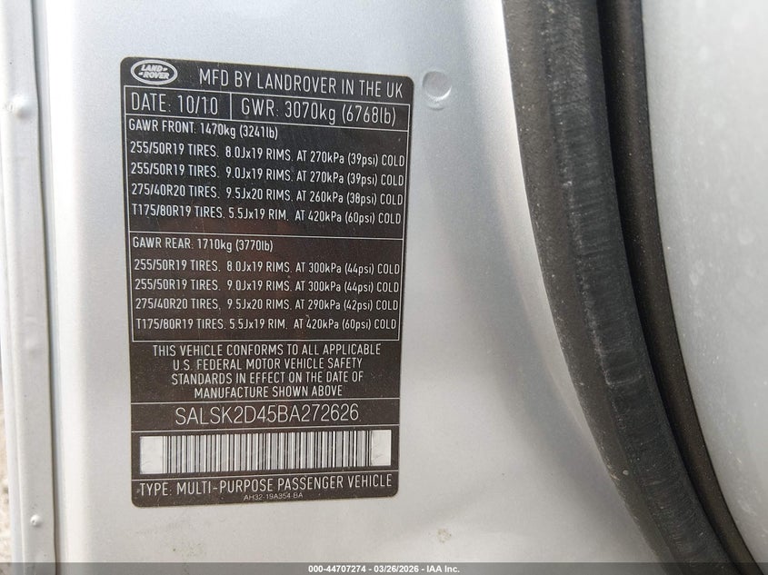2011 Land Rover Range Rover Sport Hse VIN: SALSK2D45BA272626 Lot: 44707274