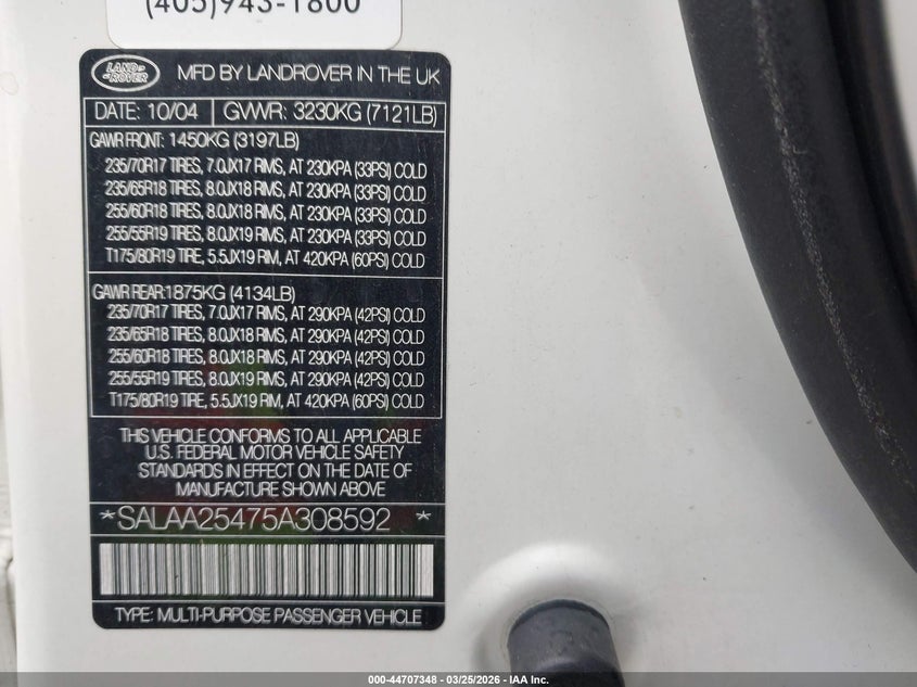 2005 Land Rover Lr3 Se VIN: SALAA25475A308592 Lot: 44707348