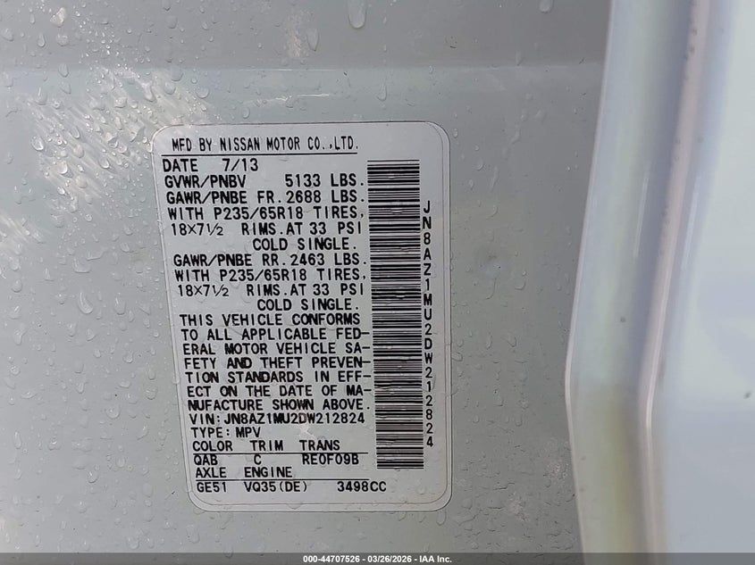 2013 Nissan Murano Sl VIN: JN8AZ1MU2DW212824 Lot: 44707526