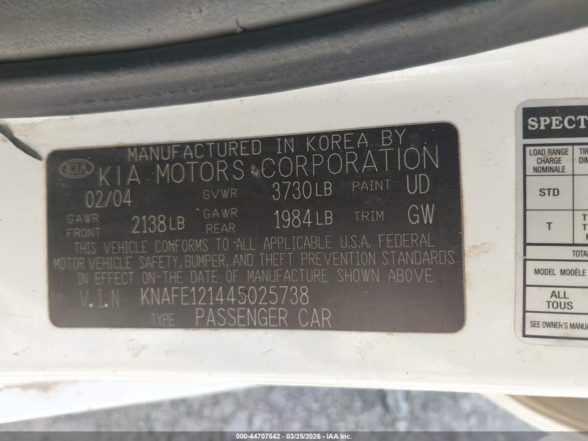 2004 Kia Spectra Ex/Lx VIN: KNAFE121445025738 Lot: 44707542