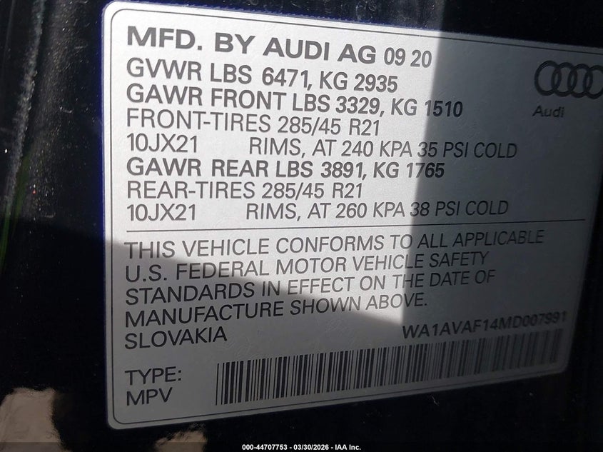 2021 Audi Q8 Premium 55 Tfsi Quattro Tiptronic VIN: WA1AVAF14MD007991 Lot: 44707753