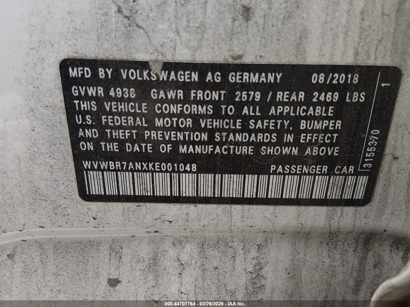 2019 Volkswagen Arteon 2.0T Se VIN: WVWBR7ANXKE001048 Lot: 44707764