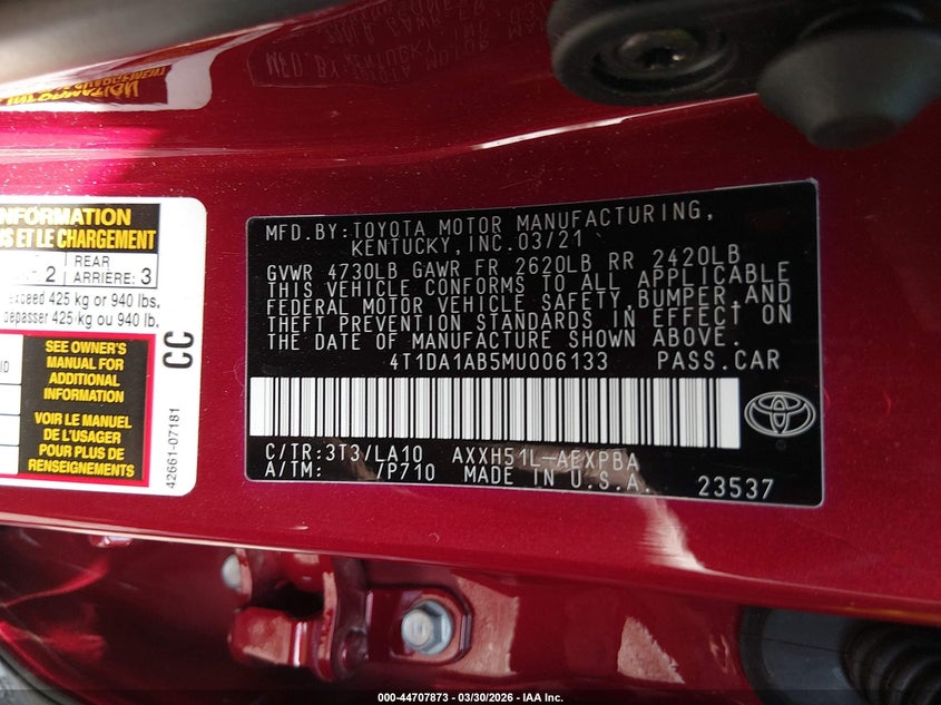 2021 Toyota Avalon Limited Hybrid VIN: 4T1DA1AB5MU006133 Lot: 44707873