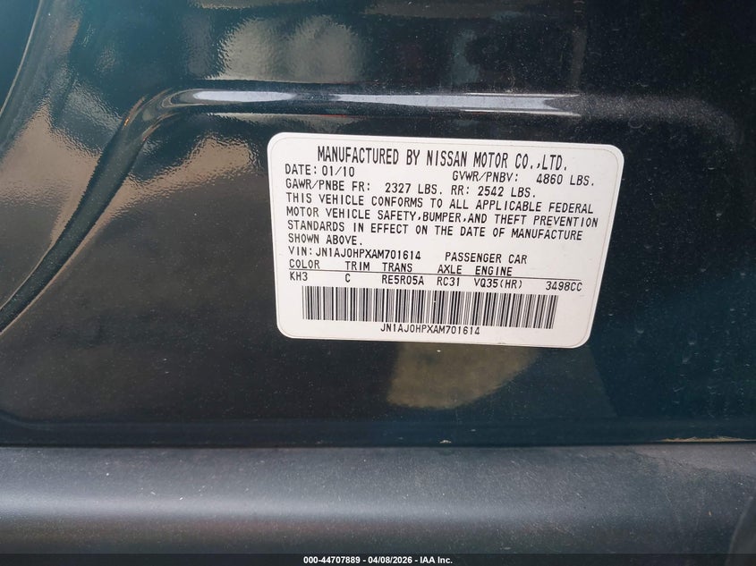 2010 Infiniti Ex35 Journey VIN: JN1AJ0HPXAM701614 Lot: 44707889